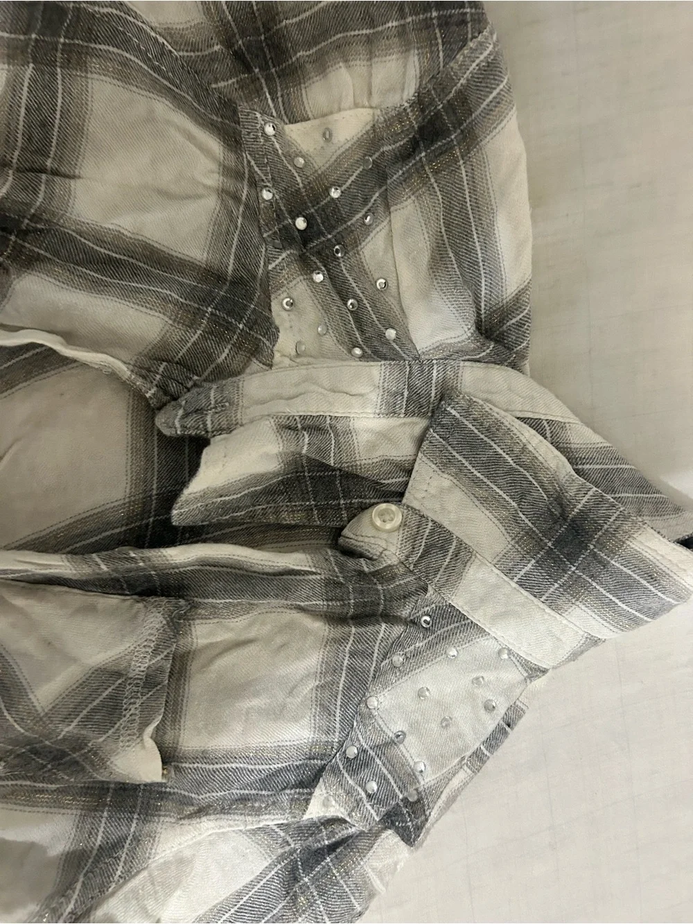 Justice Girls Plaid Button-Up Shirt in White and Gray with Gold Accent